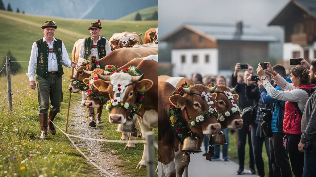 Geschmückte Kühe beim traditionellen Alpabzug mit Touristen und Einheimischen