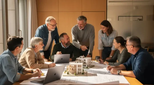 Vielfältige Gruppe bespricht Baupläne für gemeinschaftliches Wohnprojekt