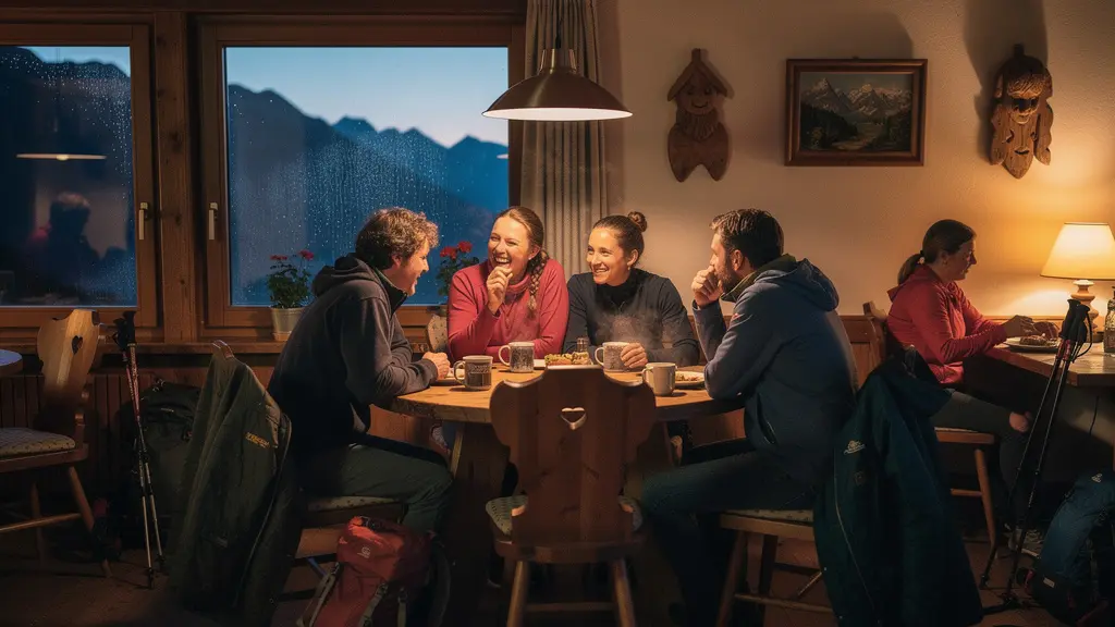 Warmer Innenraum einer gemütlichen Schweizer Berghütte mit Holzwänden und Blick auf das Bergpanorama durch das Fenster