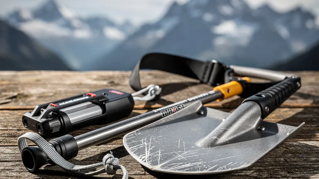 Makroaufnahme von Sicherheitsausrüstung wie Lawinensonde und Schaufel mit unscharfem Bergpanorama im Hintergrund