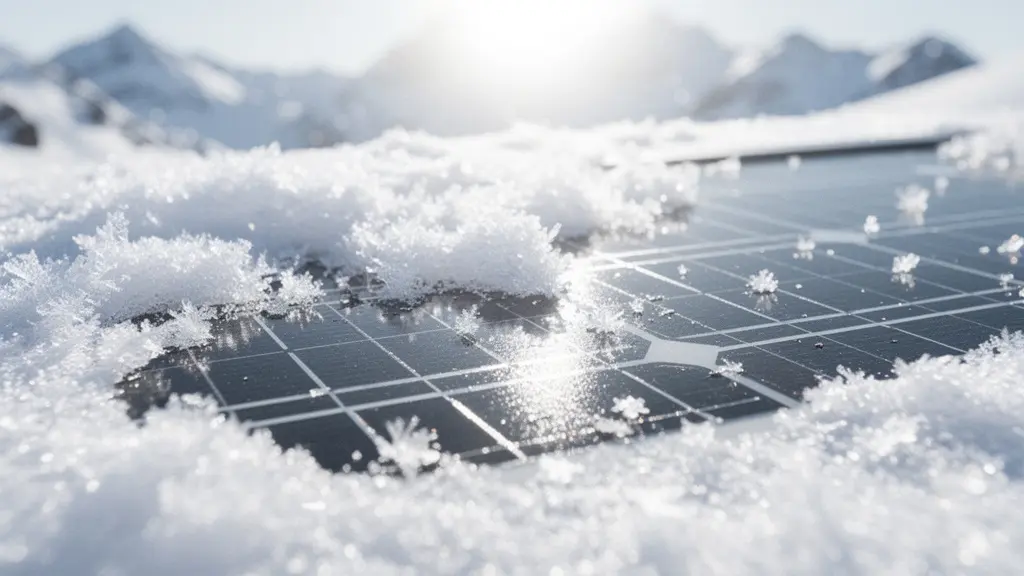 Bifaziale Solarmodule auf schneebedecktem Alpenhang mit sichtbarem Albedo-Effekt