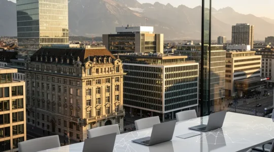 Moderne Schweizer Finanzarchitektur mit digitalisierten Aktien und Blockchain-Technologie