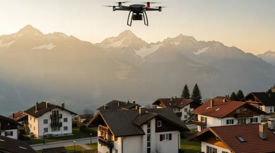 Lieferdrohne schwebt über einem schweizerischen Wohnquartier mit Bergen im Hintergrund