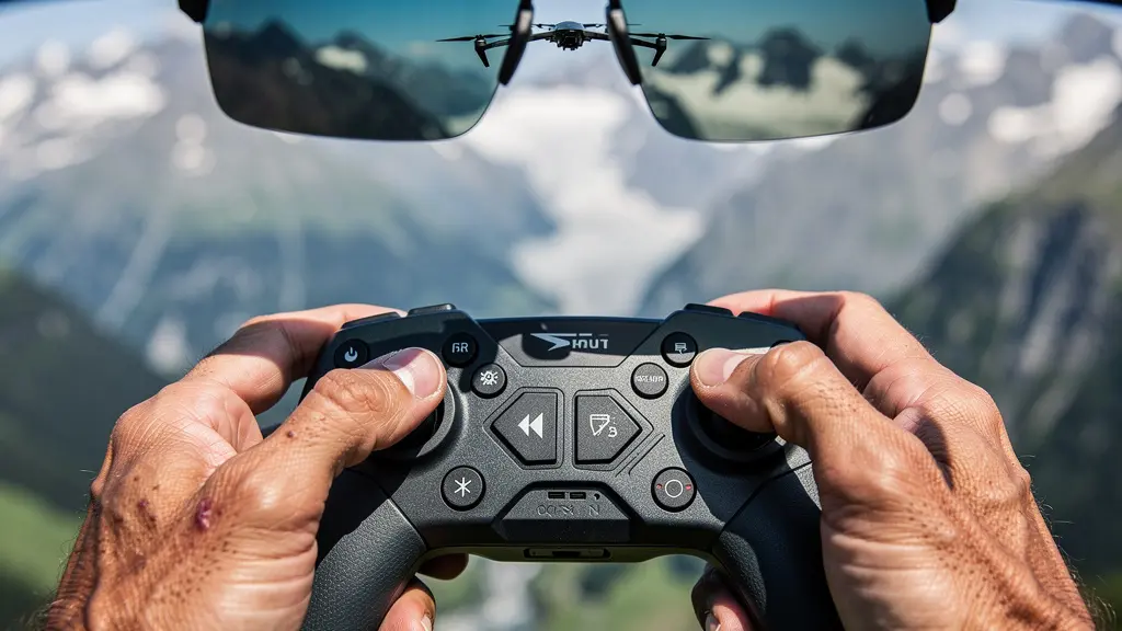 Drohnenpilot mit Kontrollstation überwacht Flug ausserhalb der Sichtweite in bergiger Schweizer Landschaft