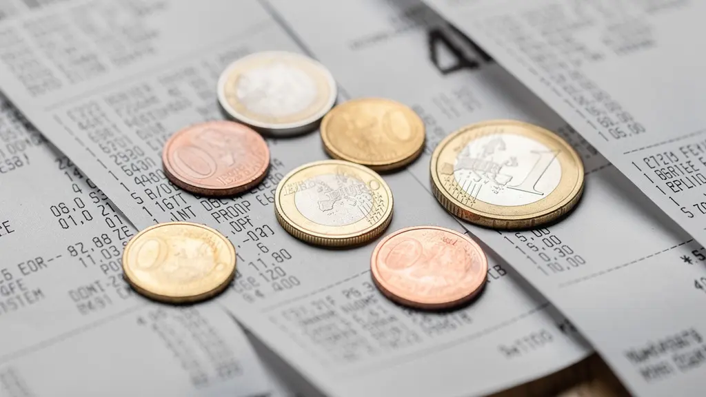 Symbolbild für den Kostenvergleich beim Einkaufstourismus mit unscharfen Kassenbons und Münzen.