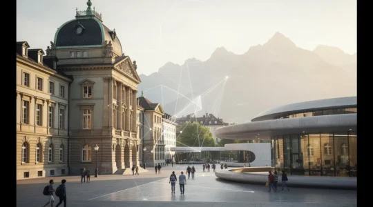 Panoramaansicht der ETH Zürich und EPFL Lausanne Campusarchitektur mit Schweizer Alpen