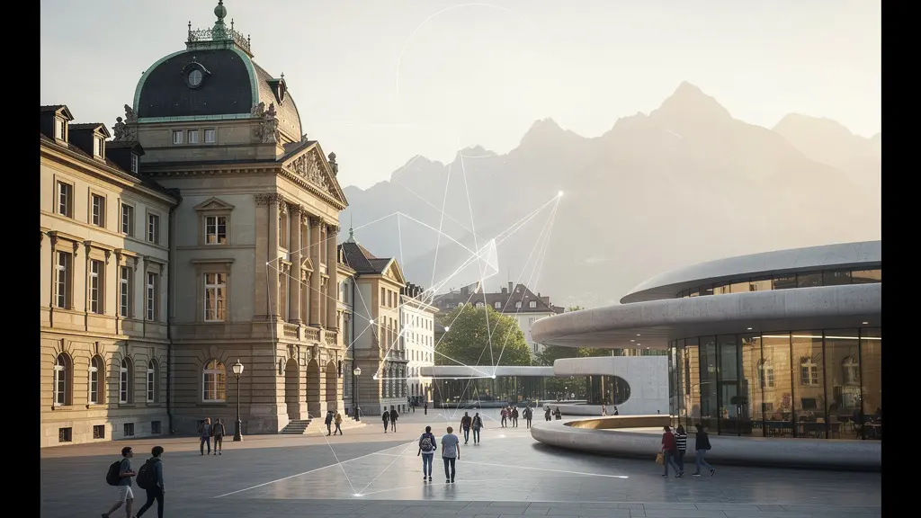 Panoramaansicht der ETH Zürich und EPFL Lausanne Campusarchitektur mit Schweizer Alpen
