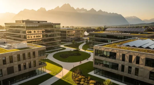 Moderne Unternehmensgebäude in einem Schweizer Innovationspark mit sichtbarer Vernetzung und Kooperation