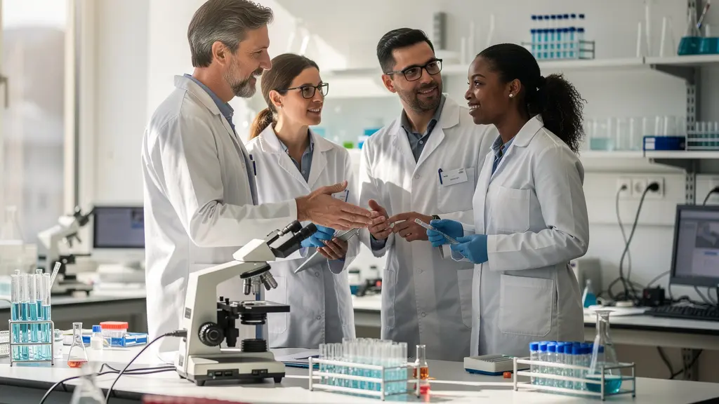 Internationales Forscherteam bei der Zusammenarbeit in einem Basler Labor