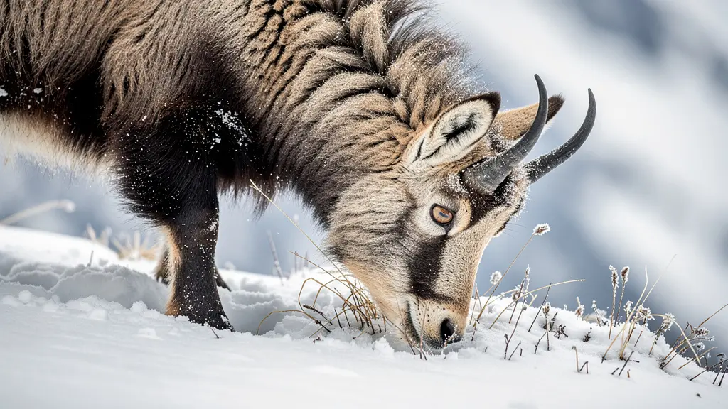 Gämse im Winterschnee aus respektvoller Distanz fotografiert, um ihren Energiehaushalt nicht zu stören
