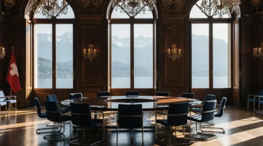 Diplomatische Verhandlungen in einem historischen Genfer Konferenzraum mit internationalen Vertretern