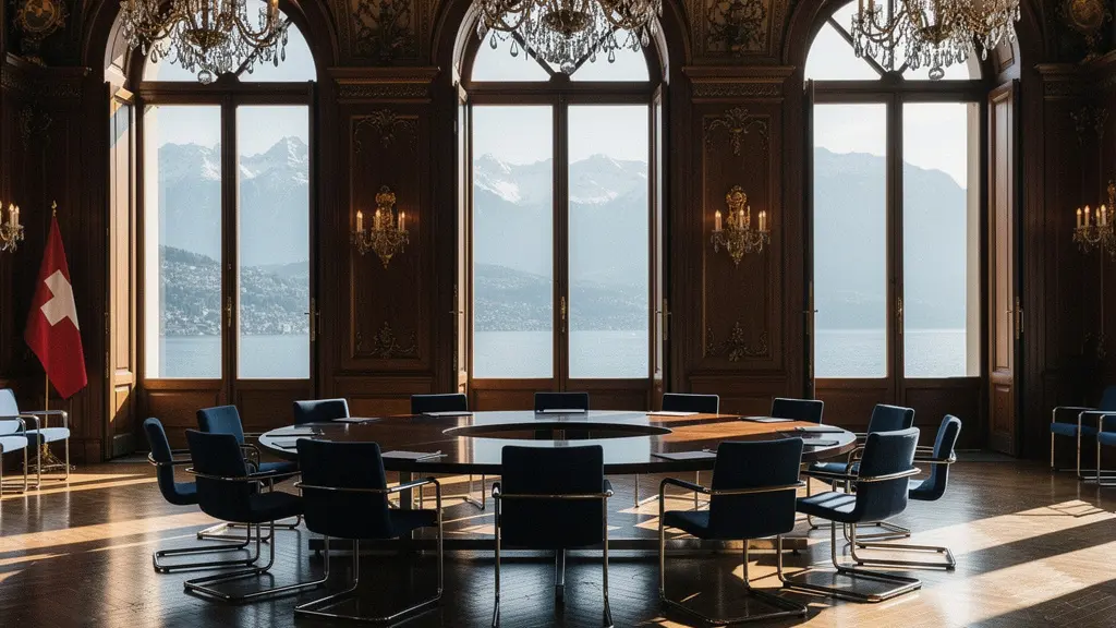 Diplomatische Verhandlungen in einem historischen Genfer Konferenzraum mit internationalen Vertretern