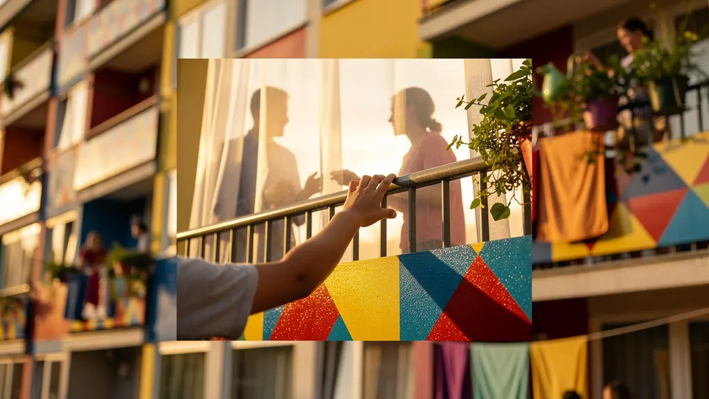 Farbenfrohe Genossenschaftsarchitektur mit geometrischen Balkonen und Gemeinschaftsräumen
