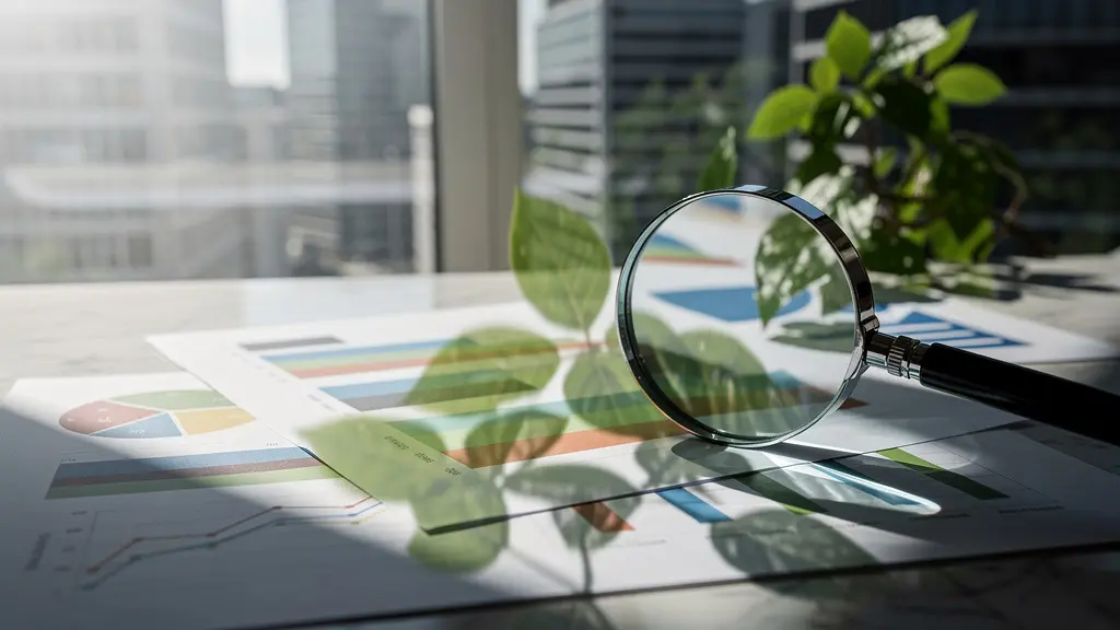Experte analysiert ESG-Fondsdokumente mit Lupe und kritischem Blick in modernem Bankgebäude