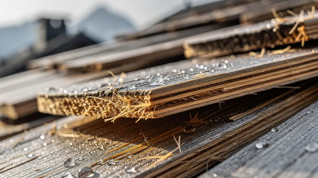 Detailaufnahme handgespaltener Holzschindeln, die die intakte Holzfaserstruktur zeigen.