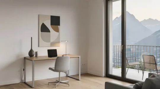 Moderne Wohnung mit Home-Office-Arbeitsbereich und Balkon mit Blick auf Schweizer Berge