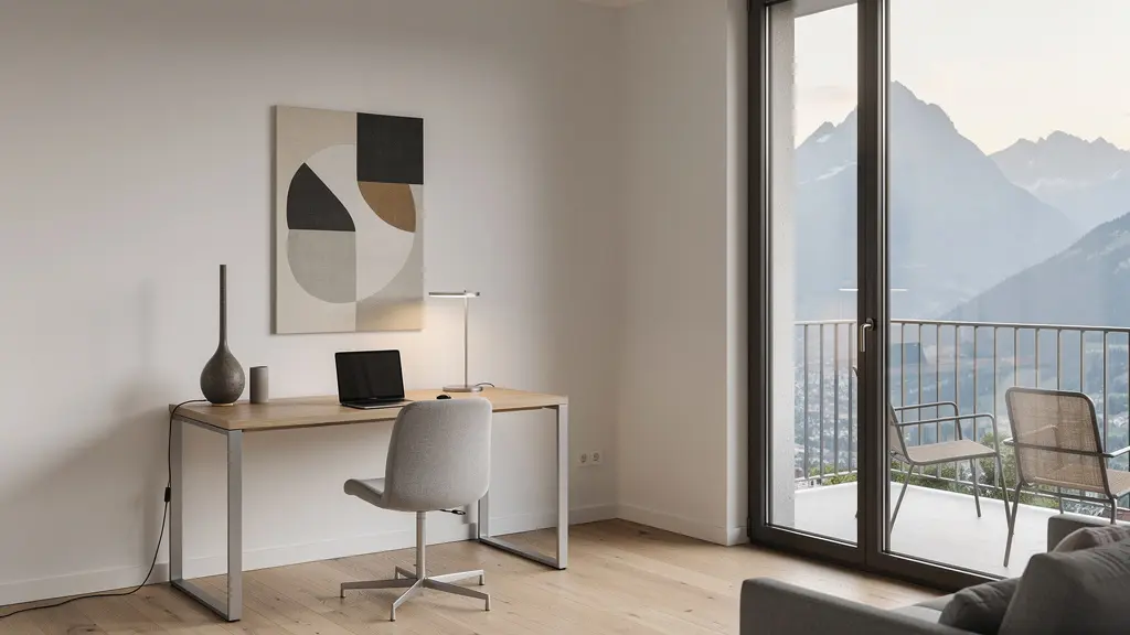 Moderne Wohnung mit Home-Office-Arbeitsbereich und Balkon mit Blick auf Schweizer Berge