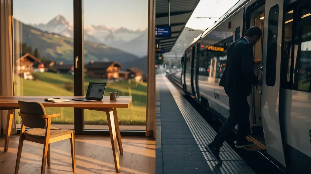Schweizer Pendler arbeitet im Homeoffice mit Blick auf Berge und Natur