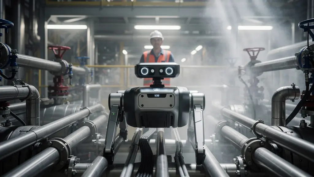 Vierbeiniger Roboter inspiziert industrielle Rohrleitungen in einer Schweizer Fabrikanlage
