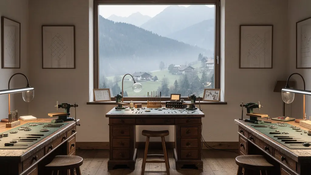 Traditionelle Uhrmacherwerkstatt im Schweizer Jura mit natürlichem Licht
