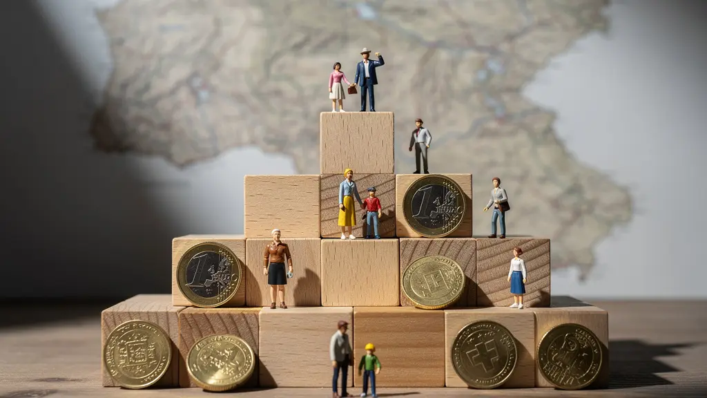 Visualisierung der Berechnung von Kita-Subventionen im Kanton Zürich mit stilisierten Bausteinen und Münzen.