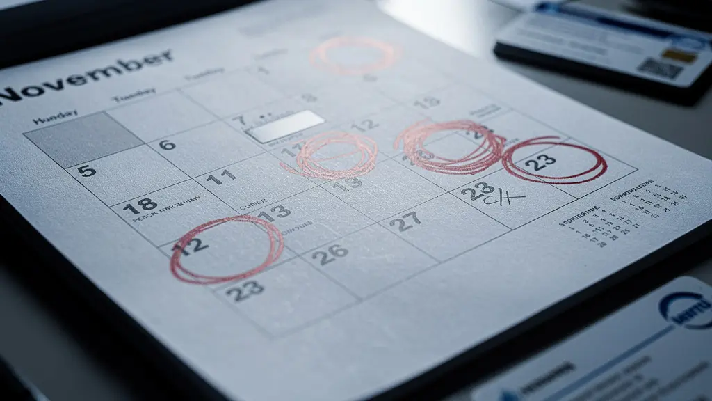 Kalenderblatt November mit markierten Fristen und Versicherungsdokumenten
