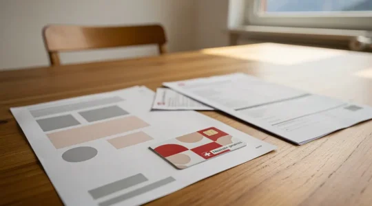 Schweizer Krankenkassenkarte neben Rechnungen und Dokumenten mit verschwommenem Hintergrund