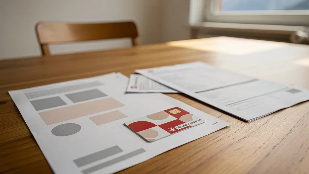 Schweizer Krankenkassenkarte neben Rechnungen und Dokumenten mit verschwommenem Hintergrund