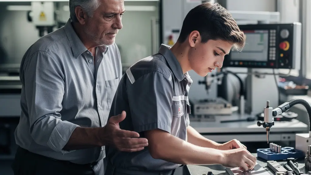 Junger Berufseinsteiger in praktischer Arbeitsumgebung mit Mentor in einem Schweizer Betrieb