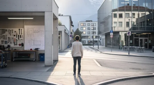 Junge Menschen an einer Wegkreuzung zwischen praktischer Ausbildung und akademischem Weg in der Schweiz