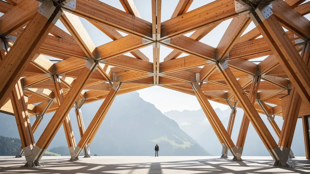Moderne Holzarchitektur mit präzisen geometrischen Strukturen und natürlichem Lichtspiel