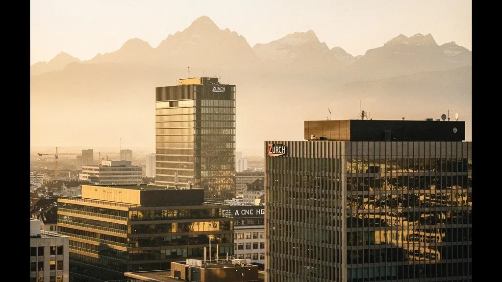 Moderne Geschäftsgebäude in der Schweizer Stadtlandschaft mit Bergen im Hintergrund