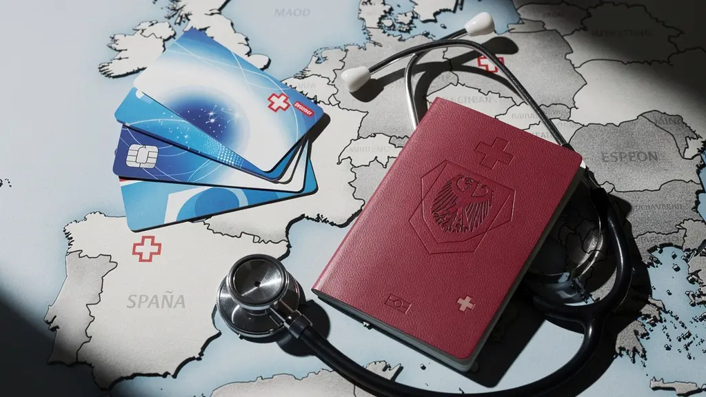 Reisepass und Versicherungskarten auf einer Europakarte mit medizinischen Symbolen