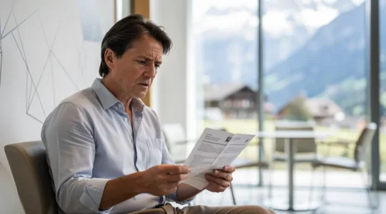 Patient betrachtet medizinische Unterlagen in modernem Schweizer Spital