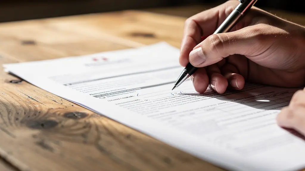 Hände füllen Vorsorgedokumente aus auf hellem Holztisch
