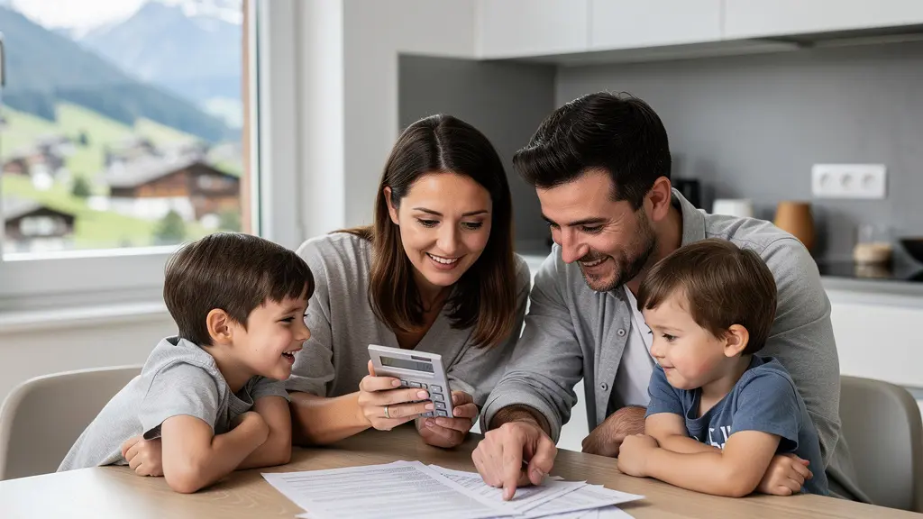 Familie prüft Dokumente am Küchentisch mit Schweizer Bergpanorama im Hintergrund