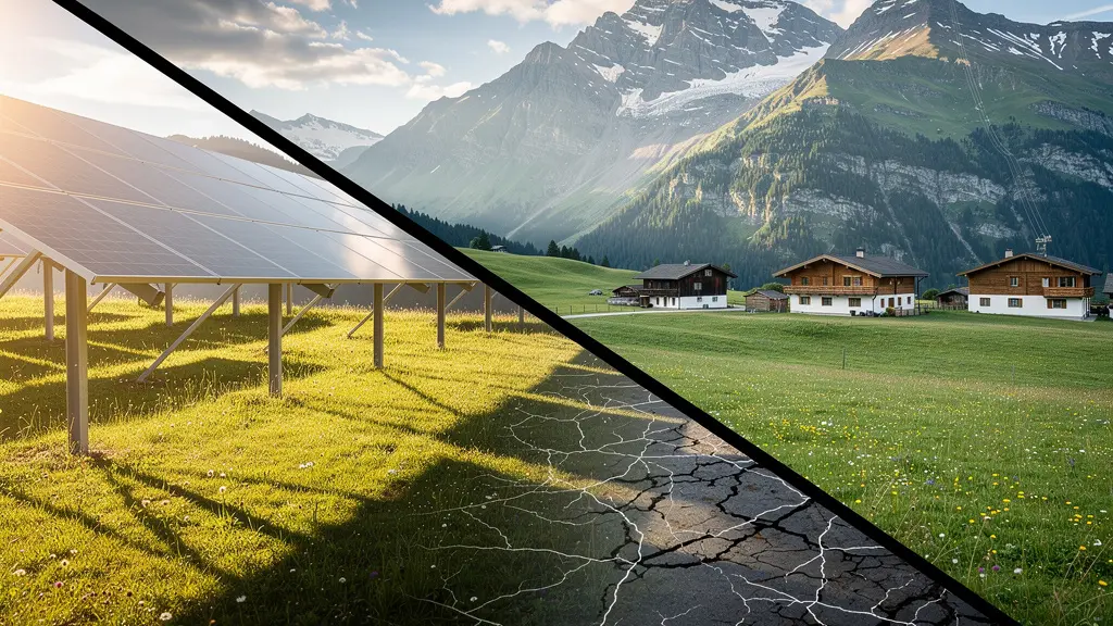 Symbolischer Vergleich zwischen sichtbaren Solaranlagen und unsichtbaren Geothermie-Risiken