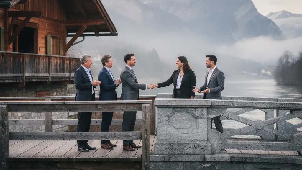 Geschäftstreffen zwischen Deutschschweizer und Westschweizer Geschäftsleuten auf einer symbolischen Brücke