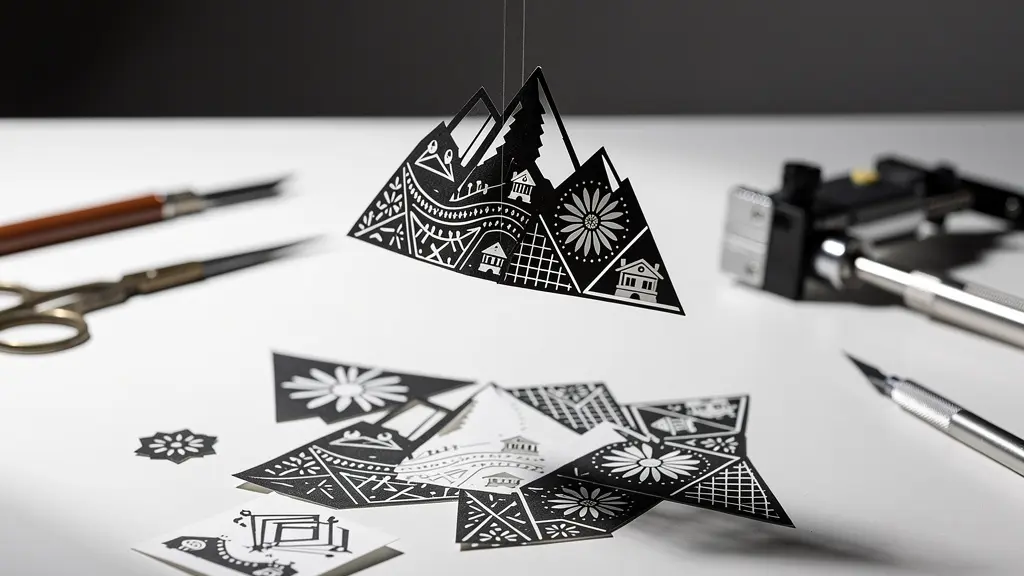 Moderne Interpretation traditioneller Scherenschnittkunst, die Abstraktion und neue Formen zeigt.