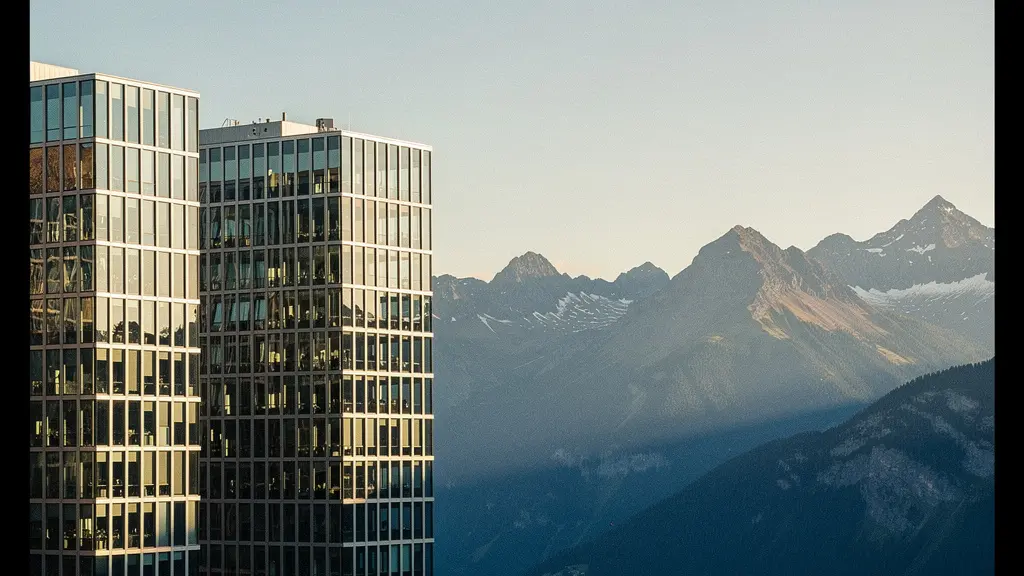 Moderne Schweizer Geschäftszentren mit Bergen im Hintergrund symbolisieren den wirtschaftlichen Wandel