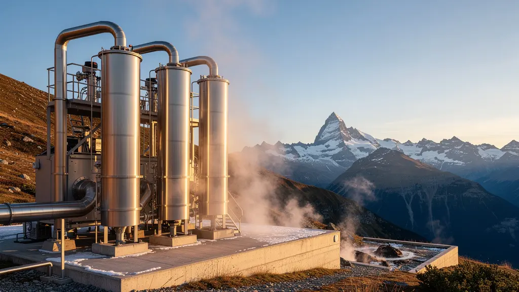 Moderne CO2-Filteranlage der Schweizer Klimatechnologie vor alpiner Landschaft mit erneuerbarer Energieinfrastruktur