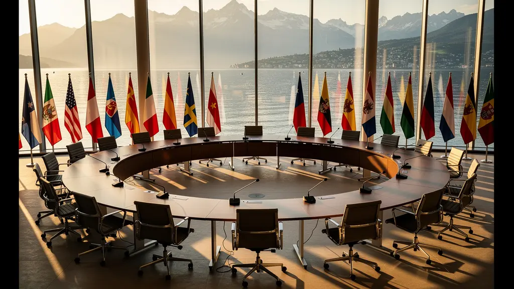 Konferenzraum in Genf mit internationalen Flaggen und Bergblick durch Fenster