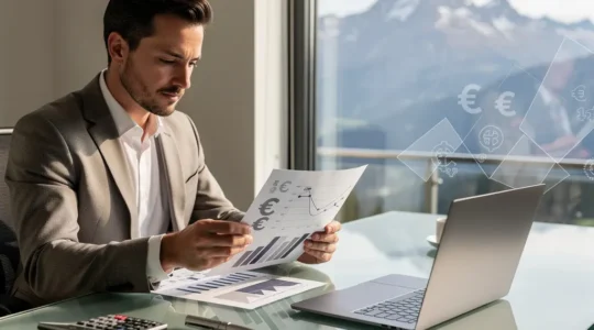 Schweizer Unternehmer analysiert Währungscharts vor Alpenpanorama