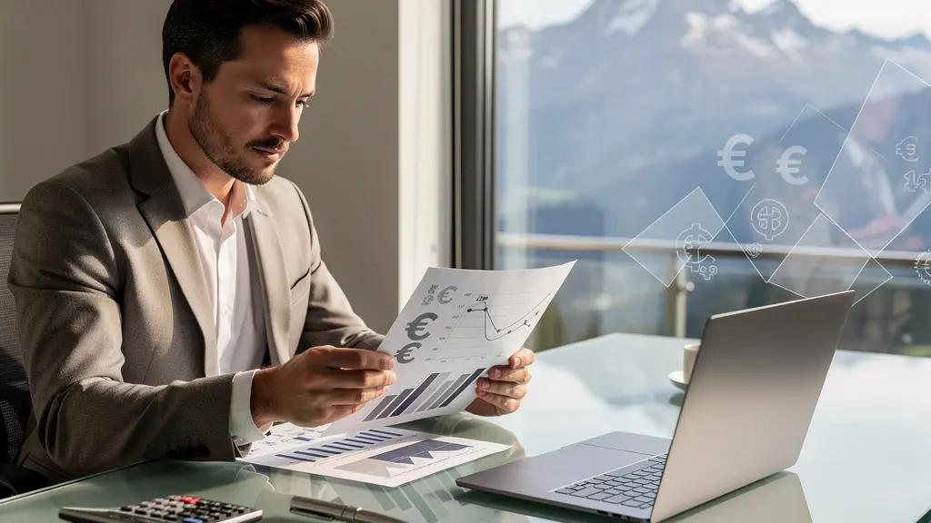 Schweizer Unternehmer analysiert Währungscharts vor Alpenpanorama