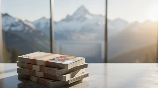 Schweizer Franken Banknoten vor Alpenpanorama symbolisieren Stabilität und Sicherheit