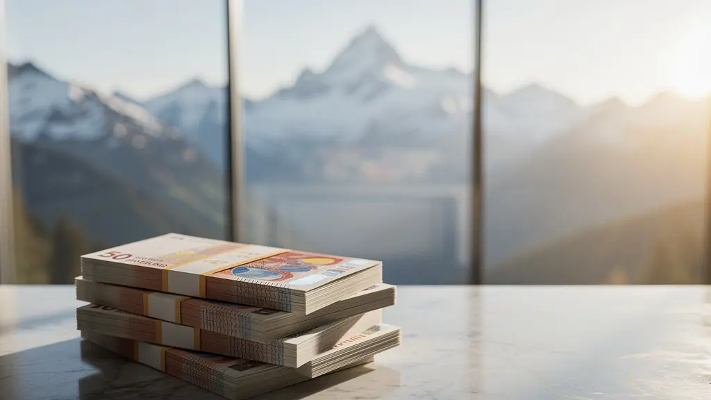 Schweizer Franken Banknoten vor Alpenpanorama symbolisieren Stabilität und Sicherheit