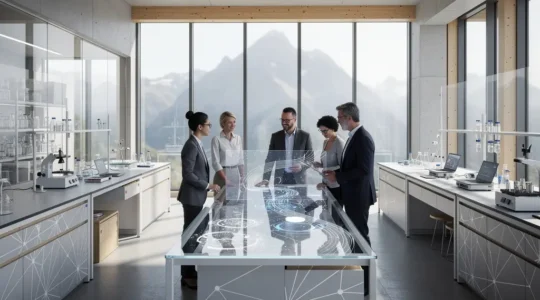 Schweizer Forschungslabor mit innovativen Technologien und Forschern bei der Zusammenarbeit