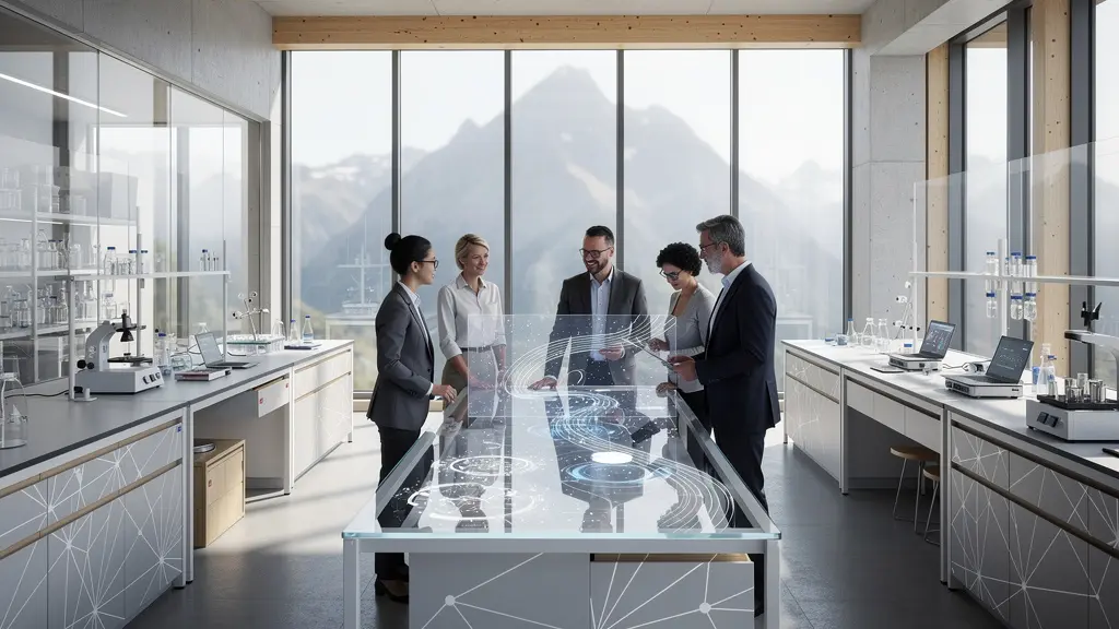 Schweizer Forschungslabor mit innovativen Technologien und Forschern bei der Zusammenarbeit