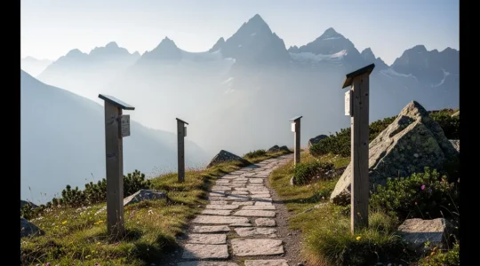 Wanderweg durch einen Schweizer Naturpark mit Bergpanorama und Hinweisschildern