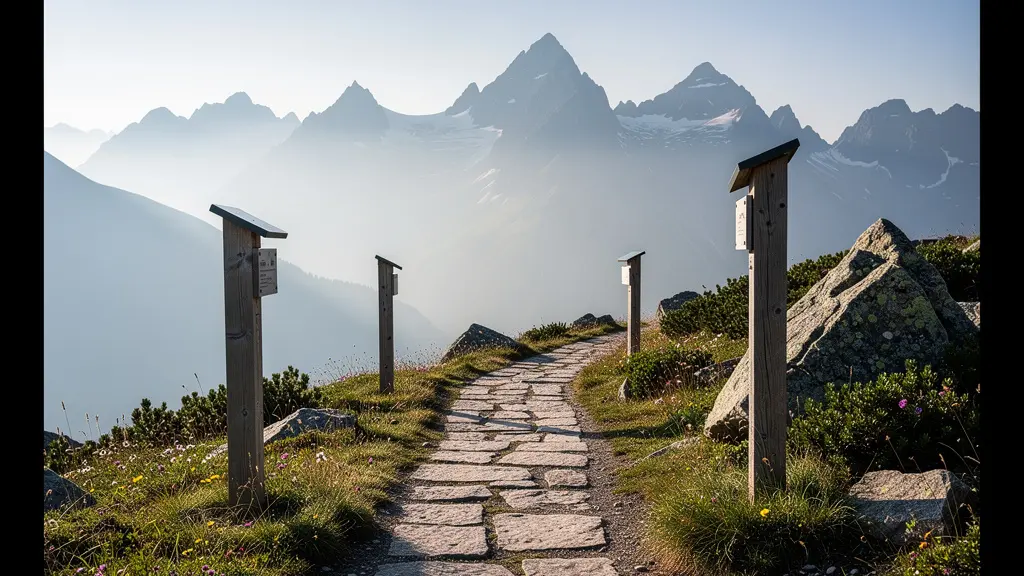 Wanderweg durch einen Schweizer Naturpark mit Bergpanorama und Hinweisschildern